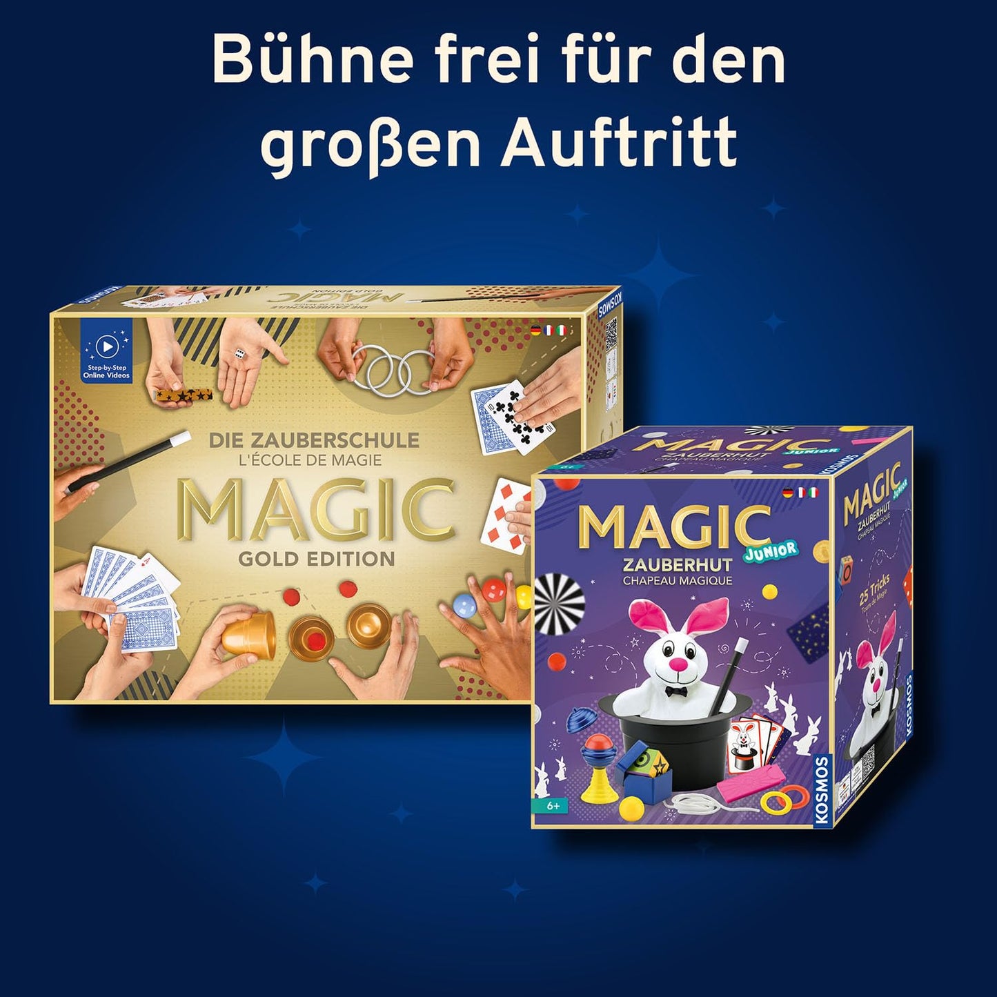 Kosmos 694319 Magic Die Zauberschule - Gold Edition, 75 Zaubertricks und Illusionen, 18 Zauberutensilien, innovatives Anleitungskonzept DREI Schwierigkeitsstufen, Zauberkasten für Kinder ab 8 Jahre