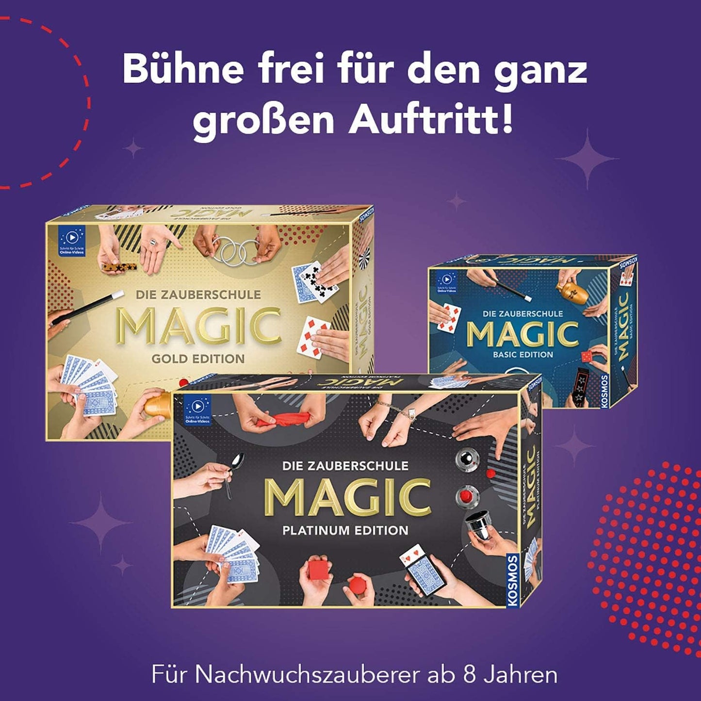 KOSMOS 697082 MAGIC Die Zauberschule - Platinum Edition, 180 Zauber Tricks, viele magische Zauber Utensilien, Zauberkasten für Kinder ab 8 Jahre, bebilderte Anleitung, Online Erklärvideos