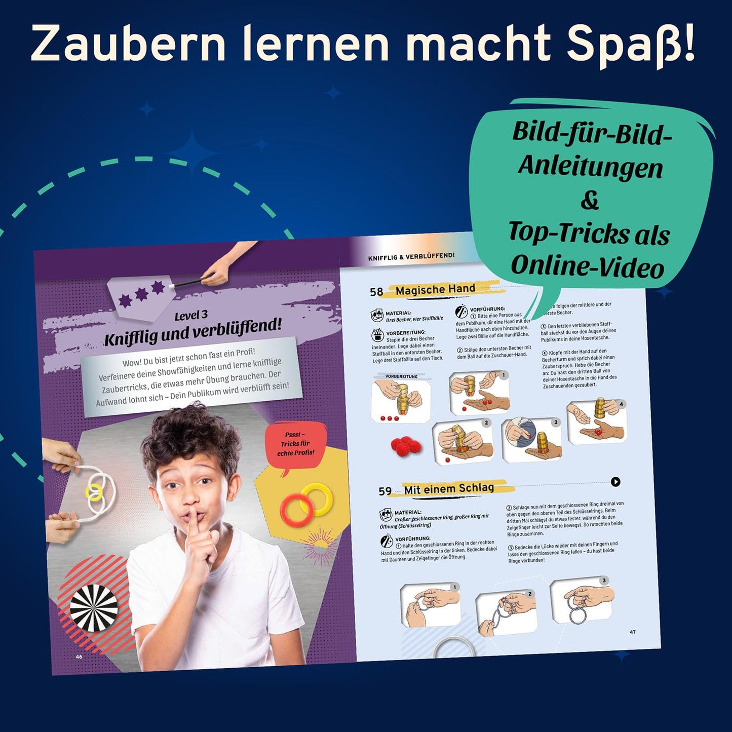 Kosmos 694319 Magic Die Zauberschule - Gold Edition, 75 Zaubertricks und Illusionen, 18 Zauberutensilien, innovatives Anleitungskonzept DREI Schwierigkeitsstufen, Zauberkasten für Kinder ab 8 Jahre